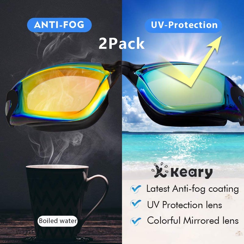 Keary Swim Goggles Pack of 2 Anti-Fog Swimming Goggles for Adults Women Men Youth Junior, No Leaking UV Protection Waterproof Mirrored Lens Triathlon Pool Goggles with 3 Size Nose Pieces & Earplugs - Image 3